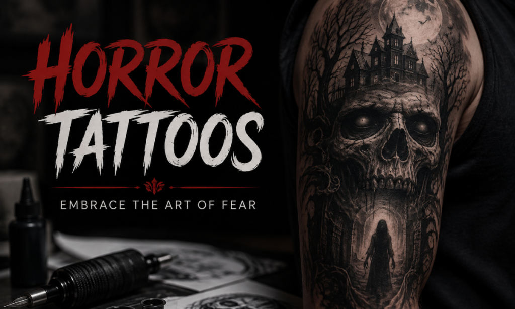 Horror tattoo sleeve with skull and haunted house design