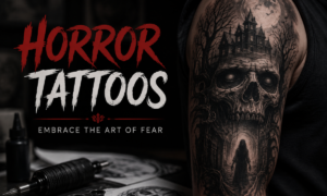 Horror tattoo sleeve with skull and haunted house design
