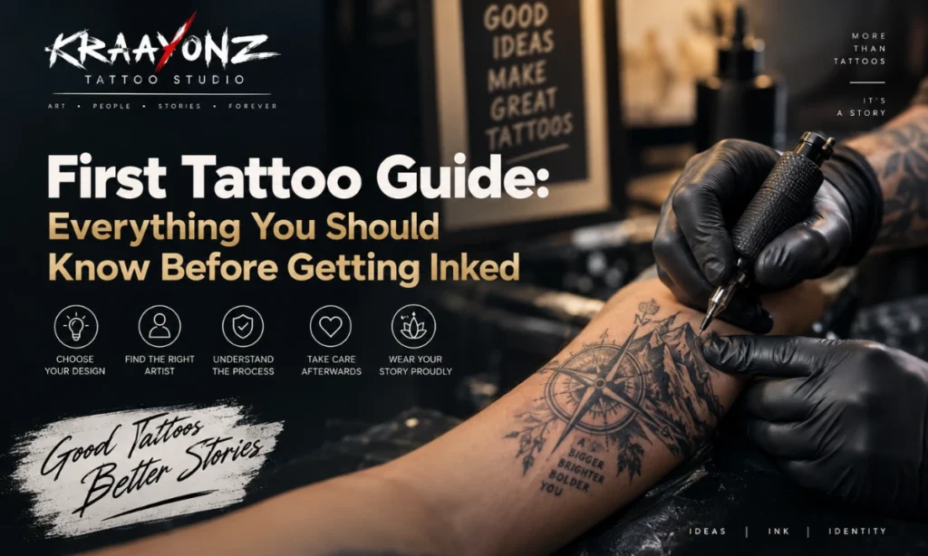 First tattoo guide at Kraayonz Tattoo Studio with tattoo artist creating a detailed tattoo