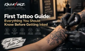 First tattoo guide at Kraayonz Tattoo Studio with tattoo artist creating a detailed tattoo
